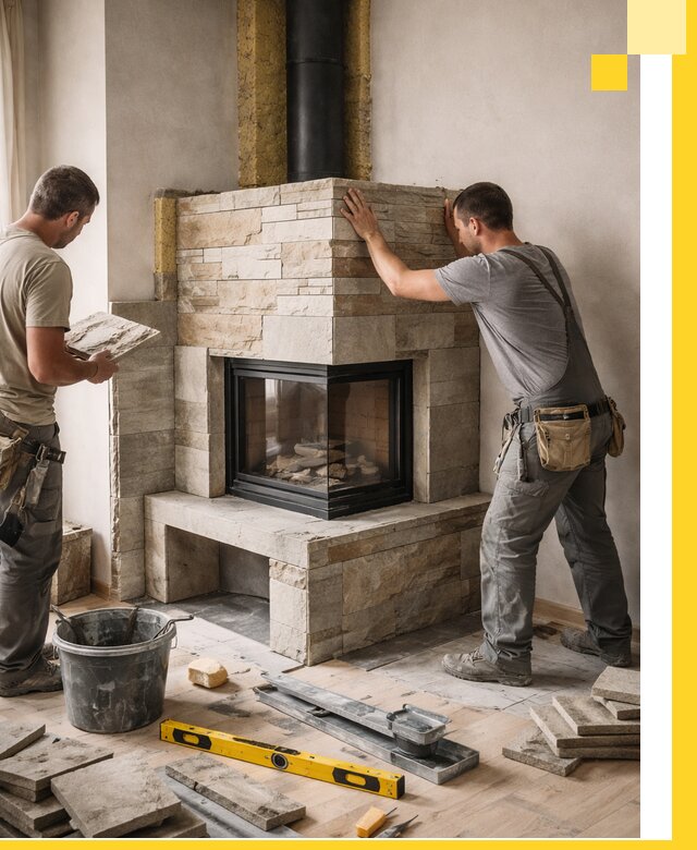 Угловые камины под ключ проект, монтаж и отделка в Сатке