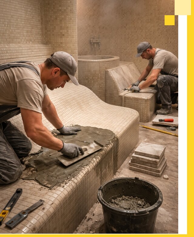 Лежаки для хамама под ключ в Сатке, проект и монтаж